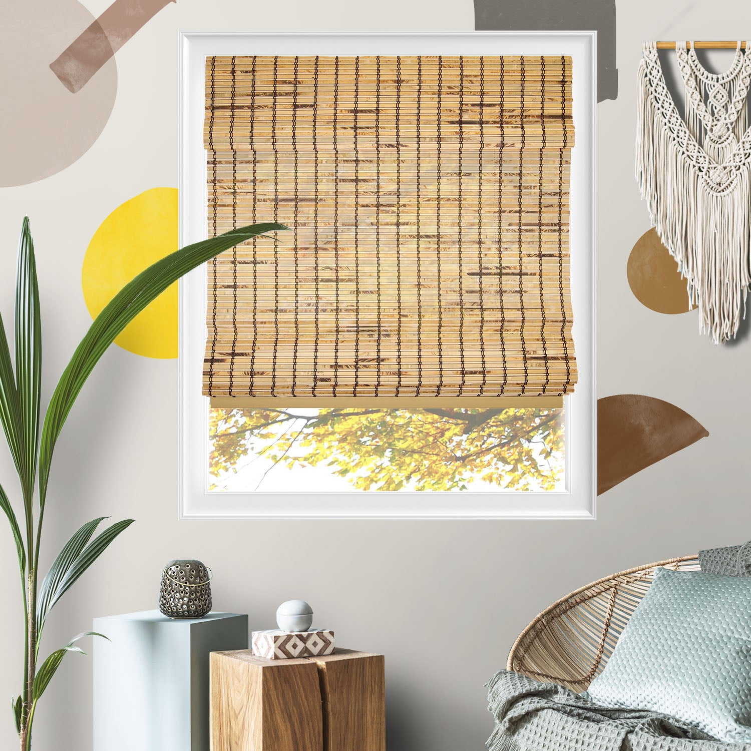 Yellow Blinds 29"W x 64"H Natural Woven Cordless Light Filtering Bamboo Roman Shades for Window, Tortoiseshell