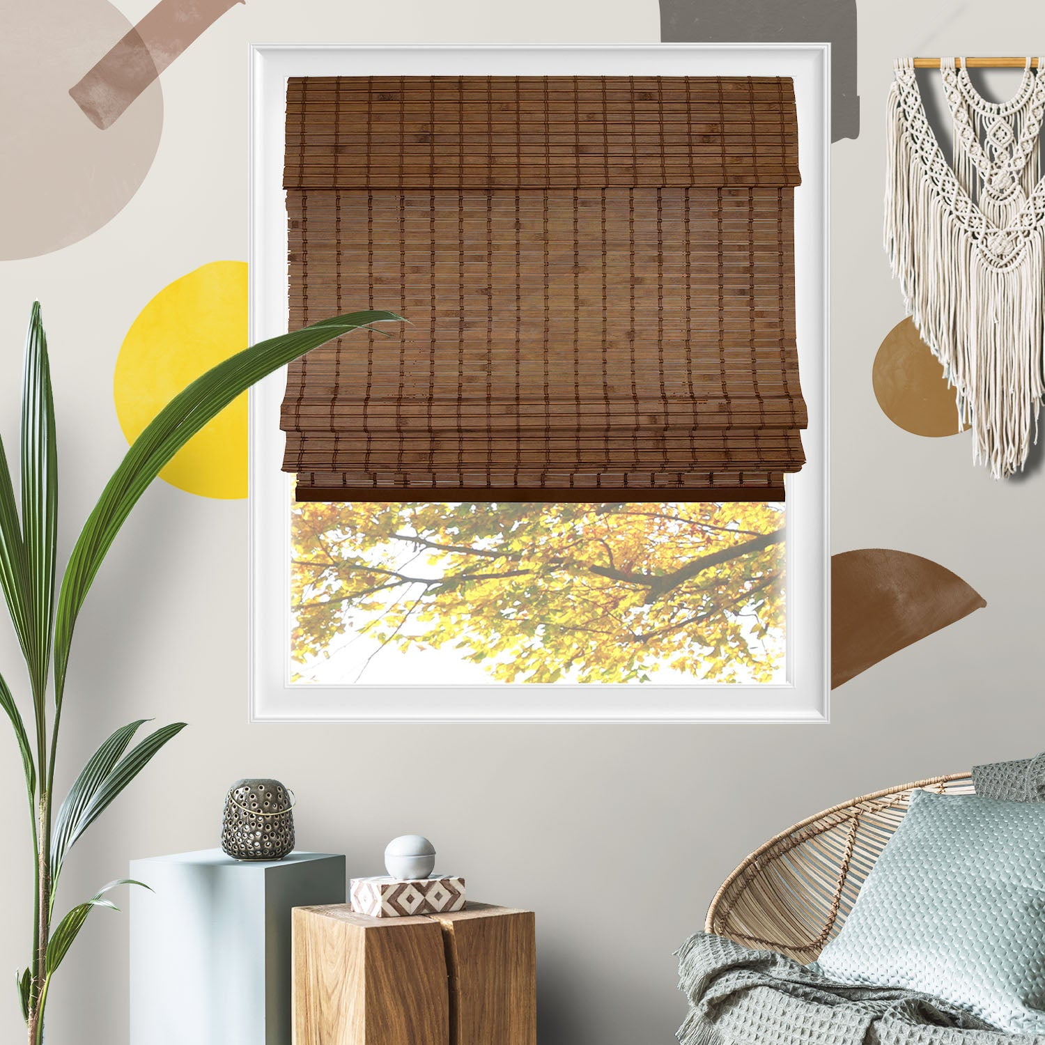 Yellow Blinds 31"W x 64"H Natural Woven Cordless Light Filtering Bamboo Roman Shades for Window, Mocha