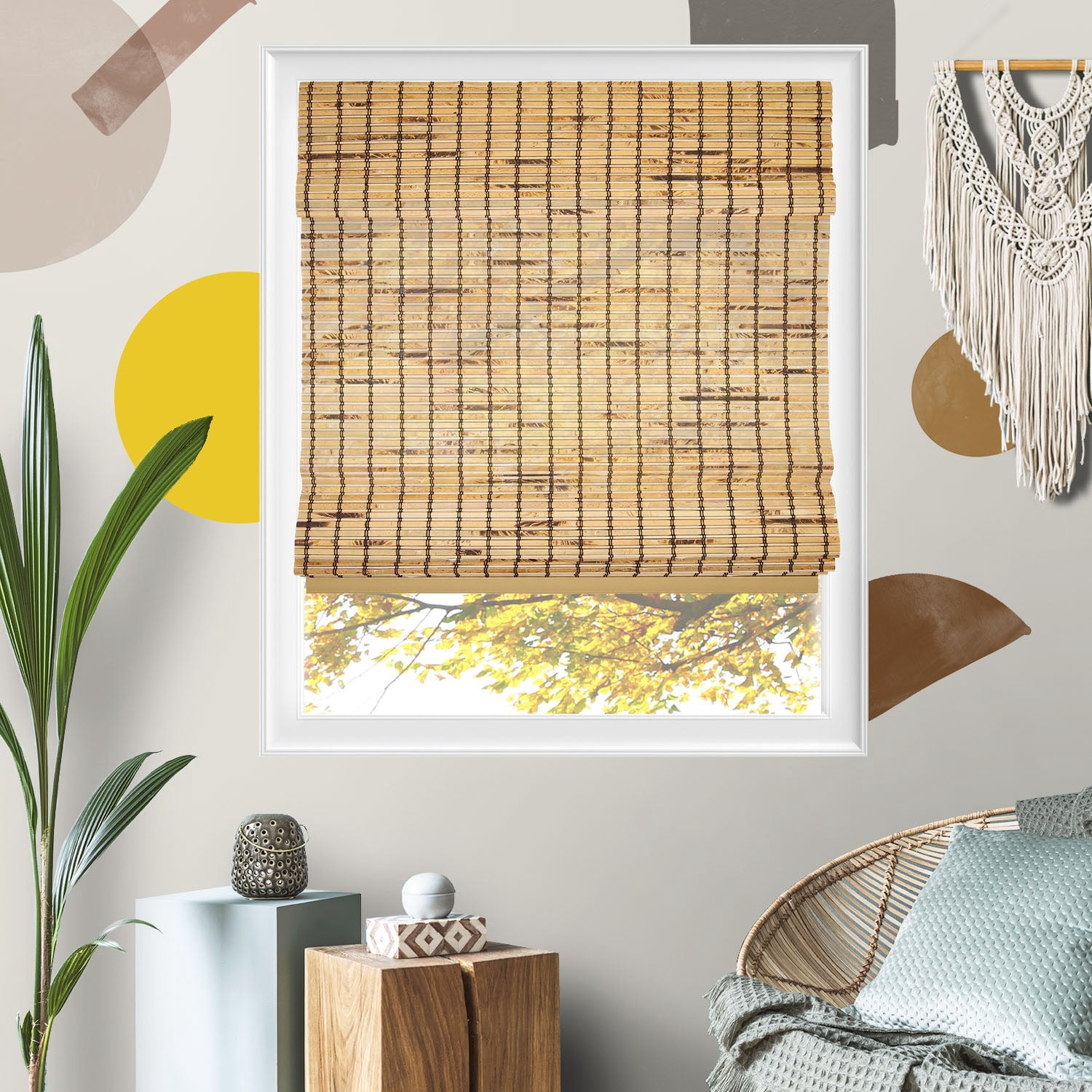 Yellow Blinds 32"W x 64"H Natural Woven Cordless Light Filtering Bamboo Roman Shades for Window, Tortoiseshell