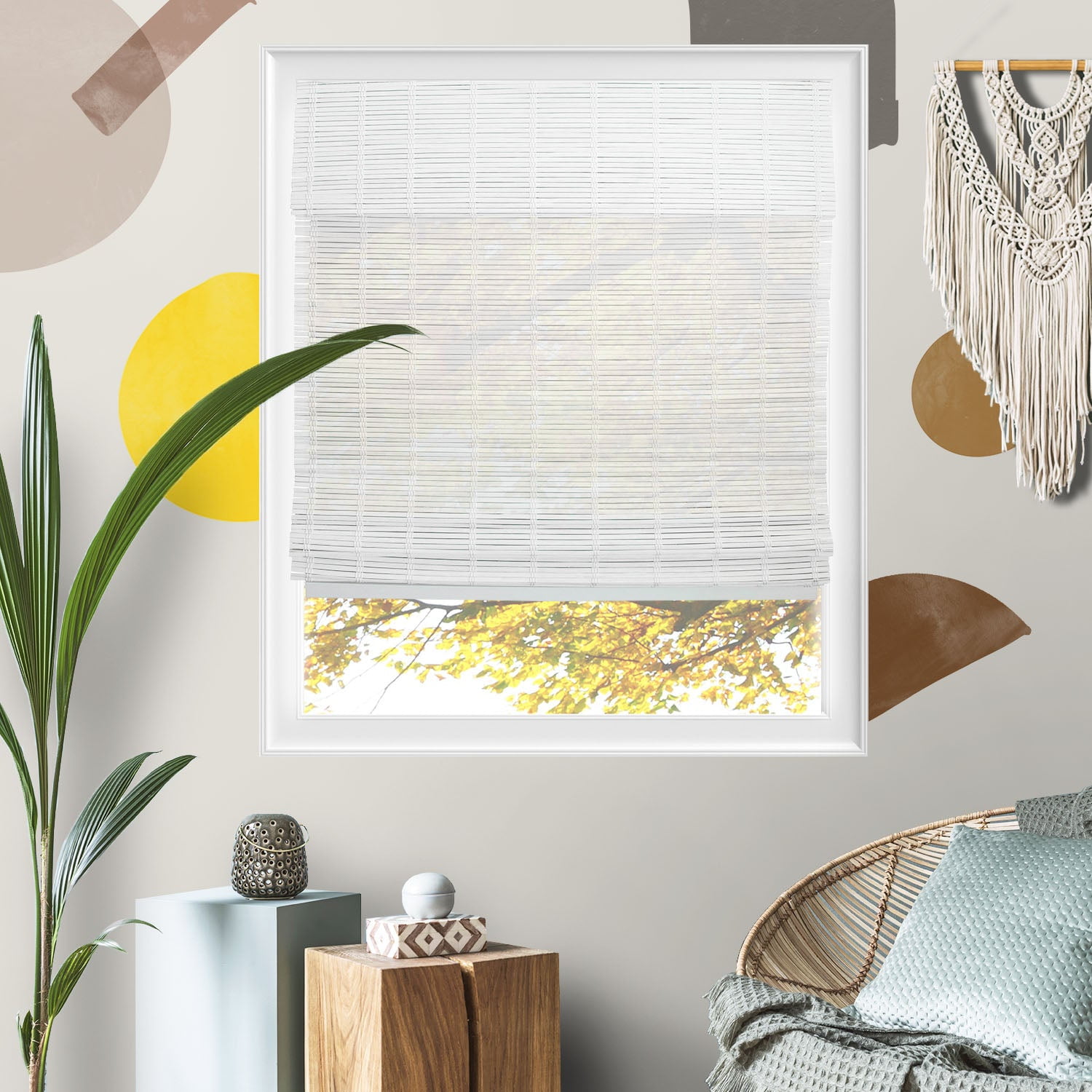 Yellow Blinds 32"W x 64"H Natural Woven Cordless Light Filtering Bamboo Roman Shades for Window, Vanilla