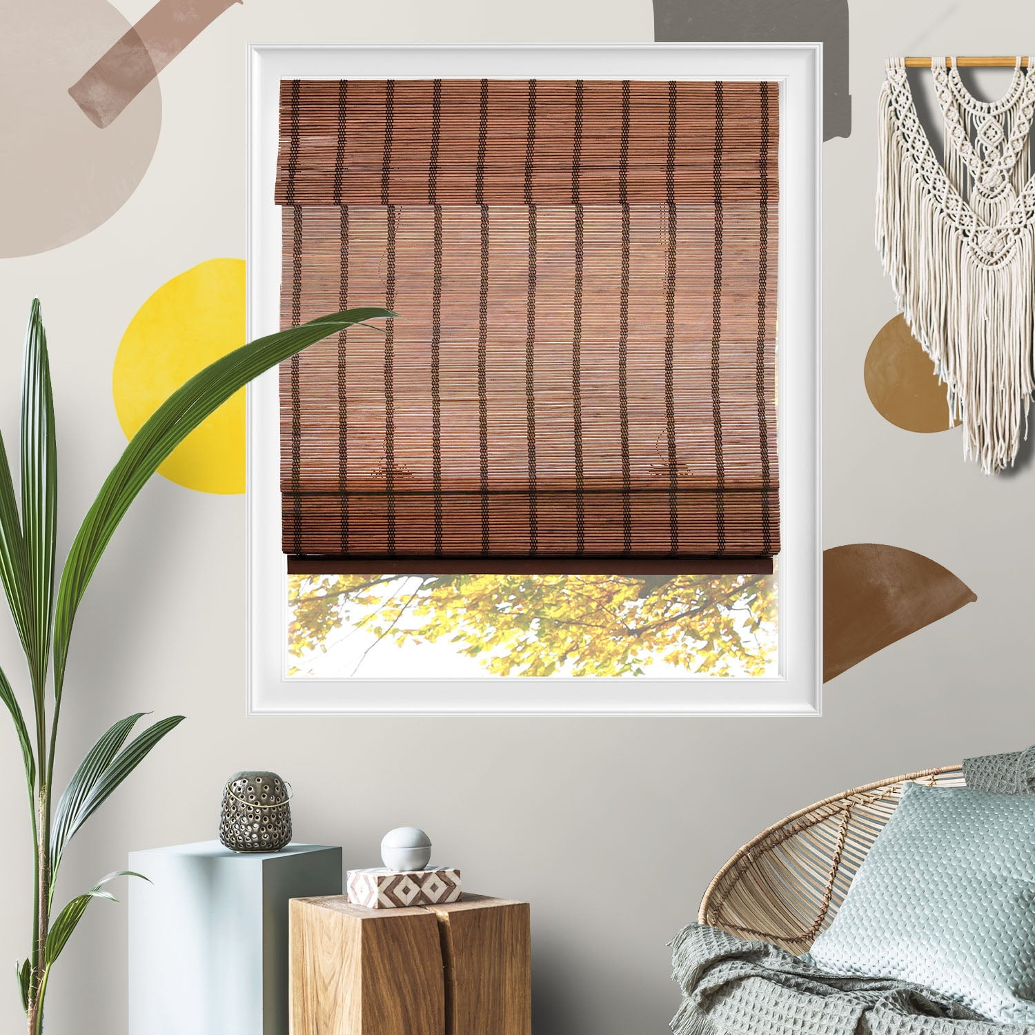 Yellow Blinds 34"W x 64"H Natural Woven Cordless Light Filtering Bamboo Roman Shades for Window, Deep Bronze