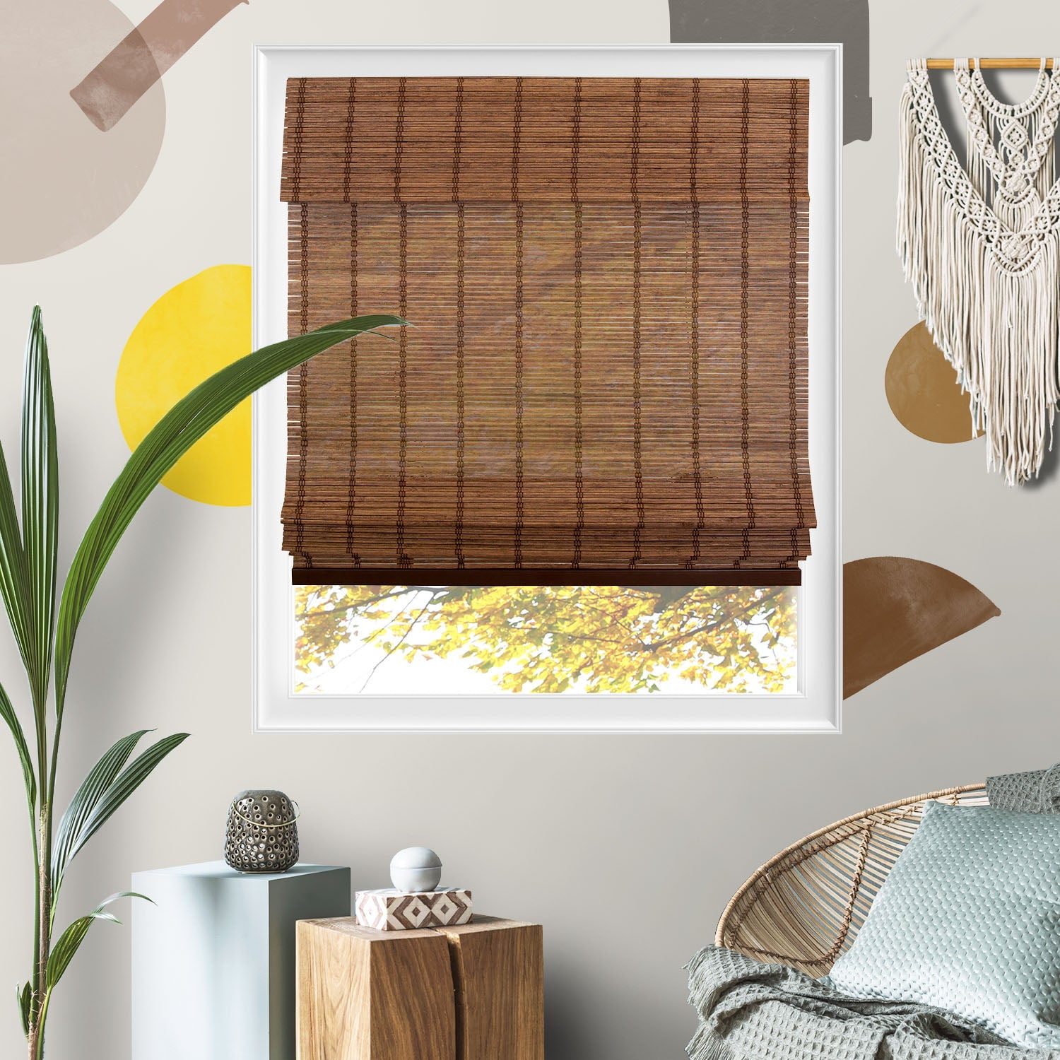 Yellow Blinds 39"W x 64"H Natural Woven Cordless Light Filtering Bamboo Roman Shades for Window, Coffee