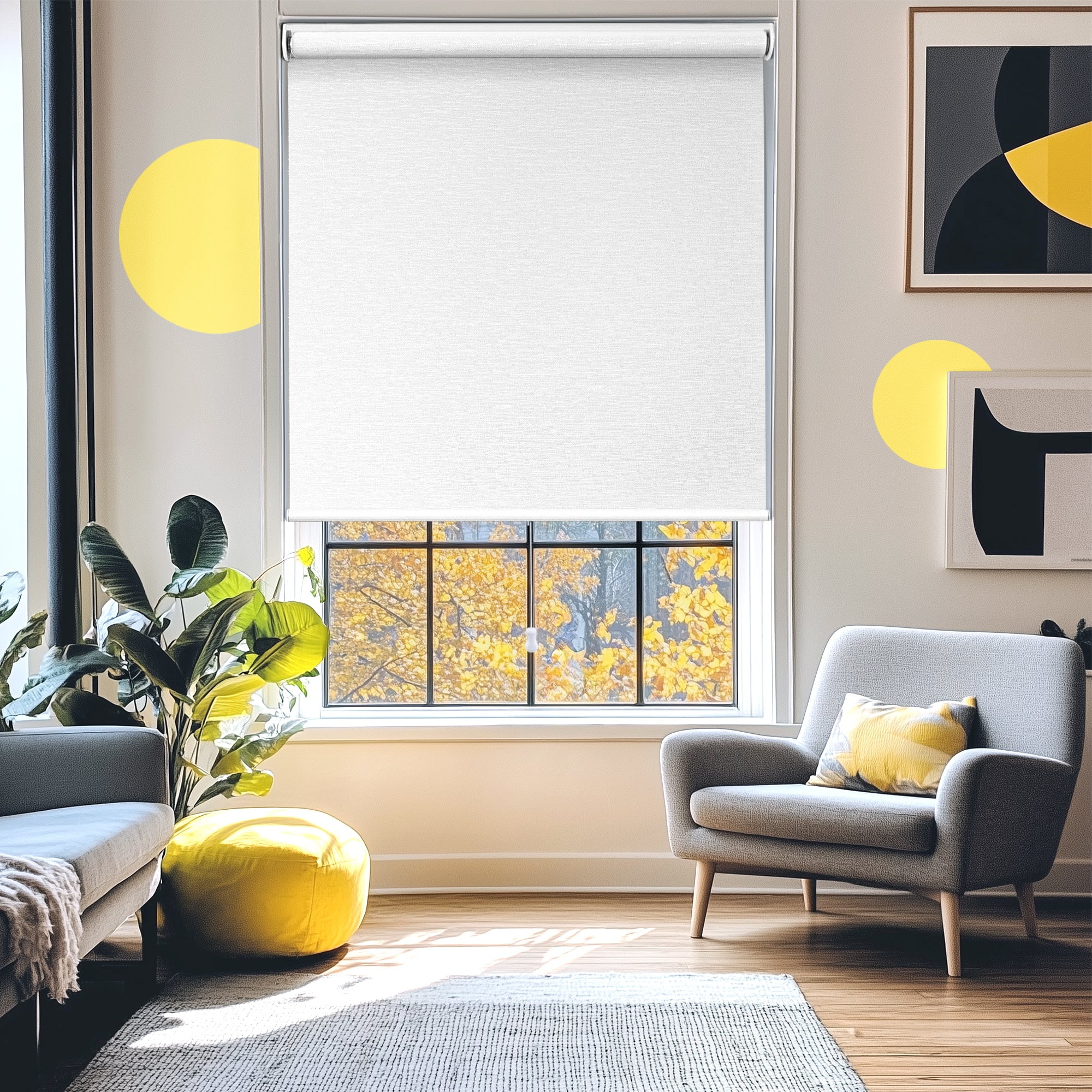 Yellow Blinds 48"W X 72"H Cotton White Cordless Light Filtering UV Protection Polyester Roller Shade for Window