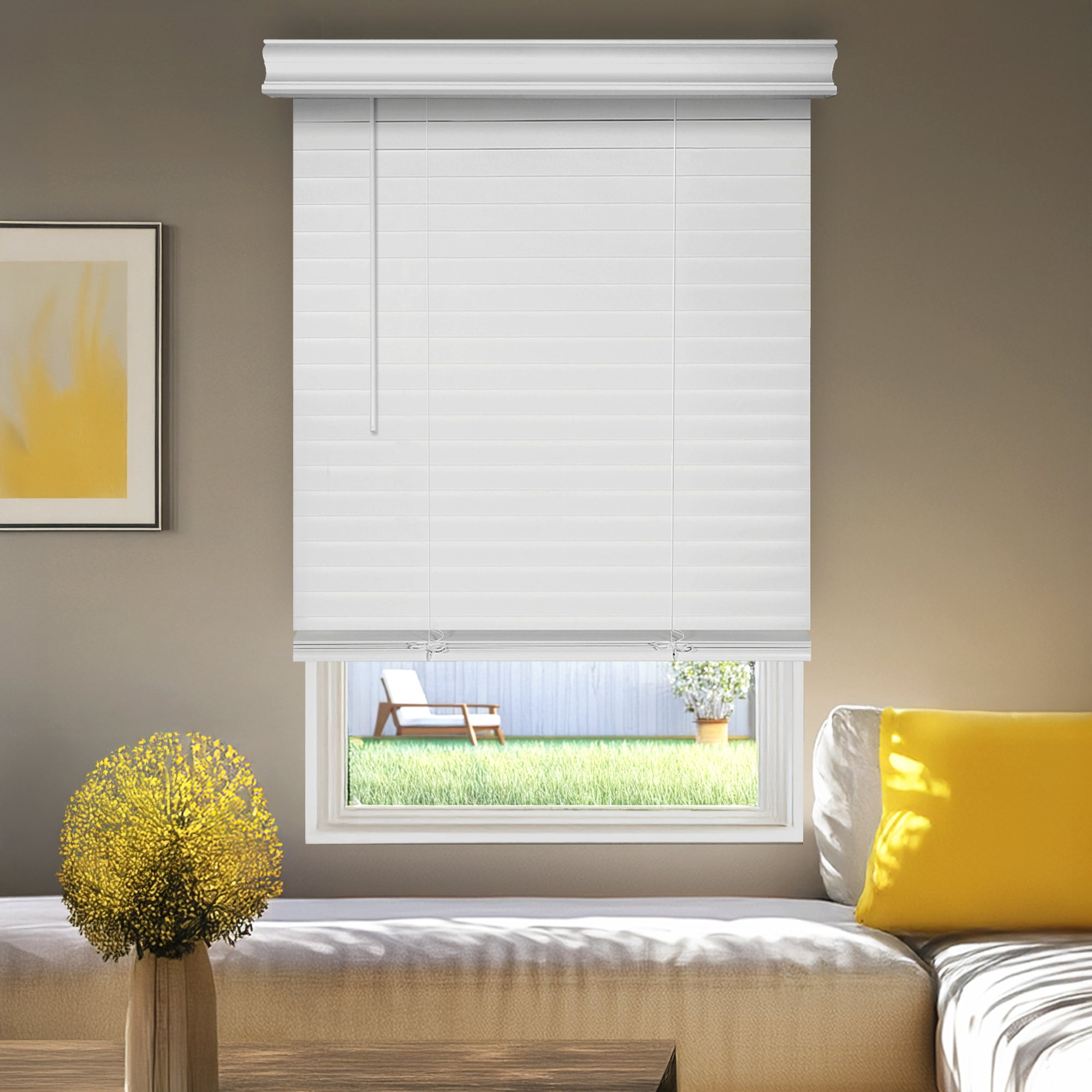 Yellow Blinds Cordless Blackout 2" Inch Faux Wood Blinds with Laguna Valance | No-Hole Slats Design | Moisture-Resistant | Room Darkening | 21.25"W X 64"H