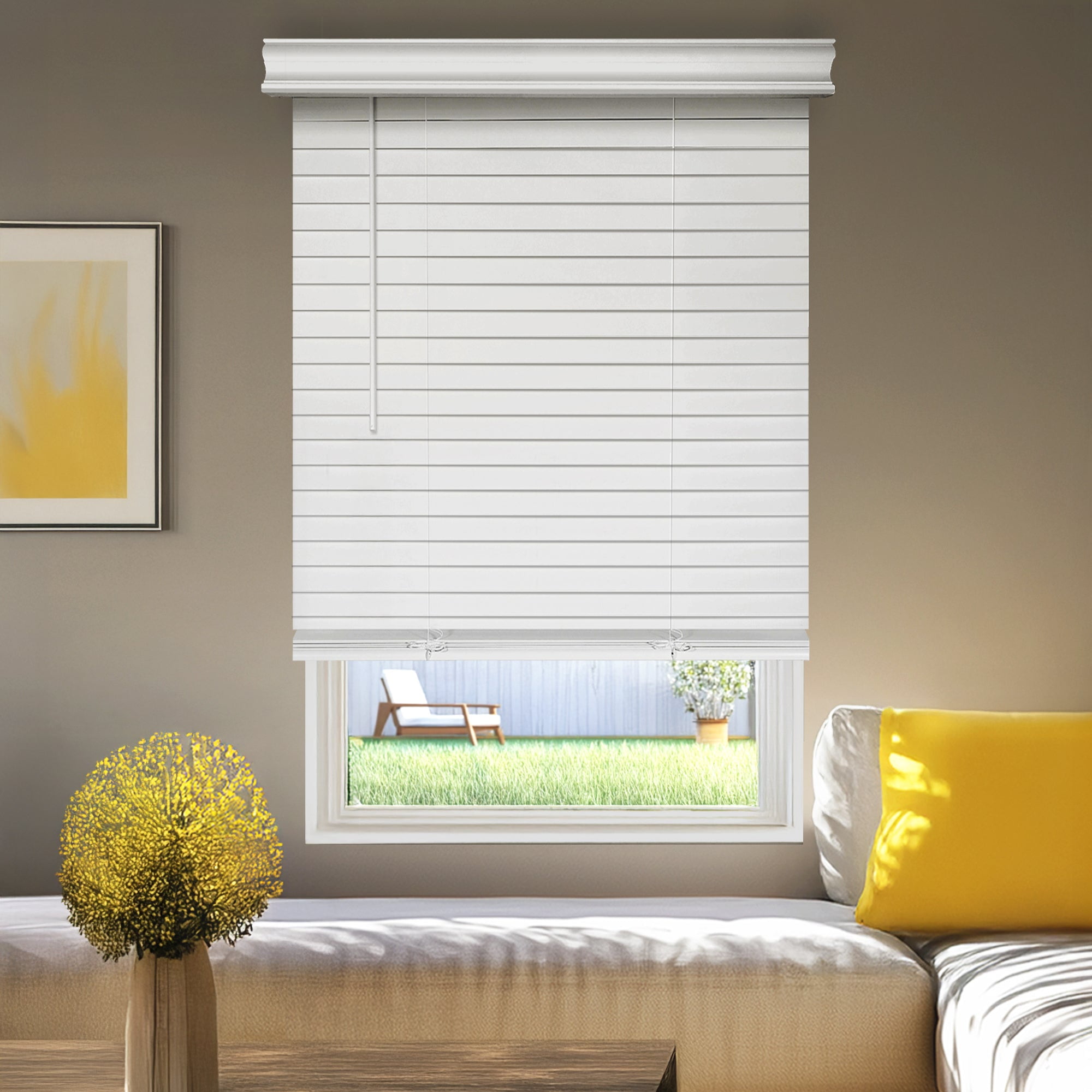 Yellow Blinds Cordless Blackout 2" Inch Faux Wood Blinds with Laguna Valance | No-Hole Slats Design | Moisture-Resistant | Room Darkening | 42.75" W x 48" L