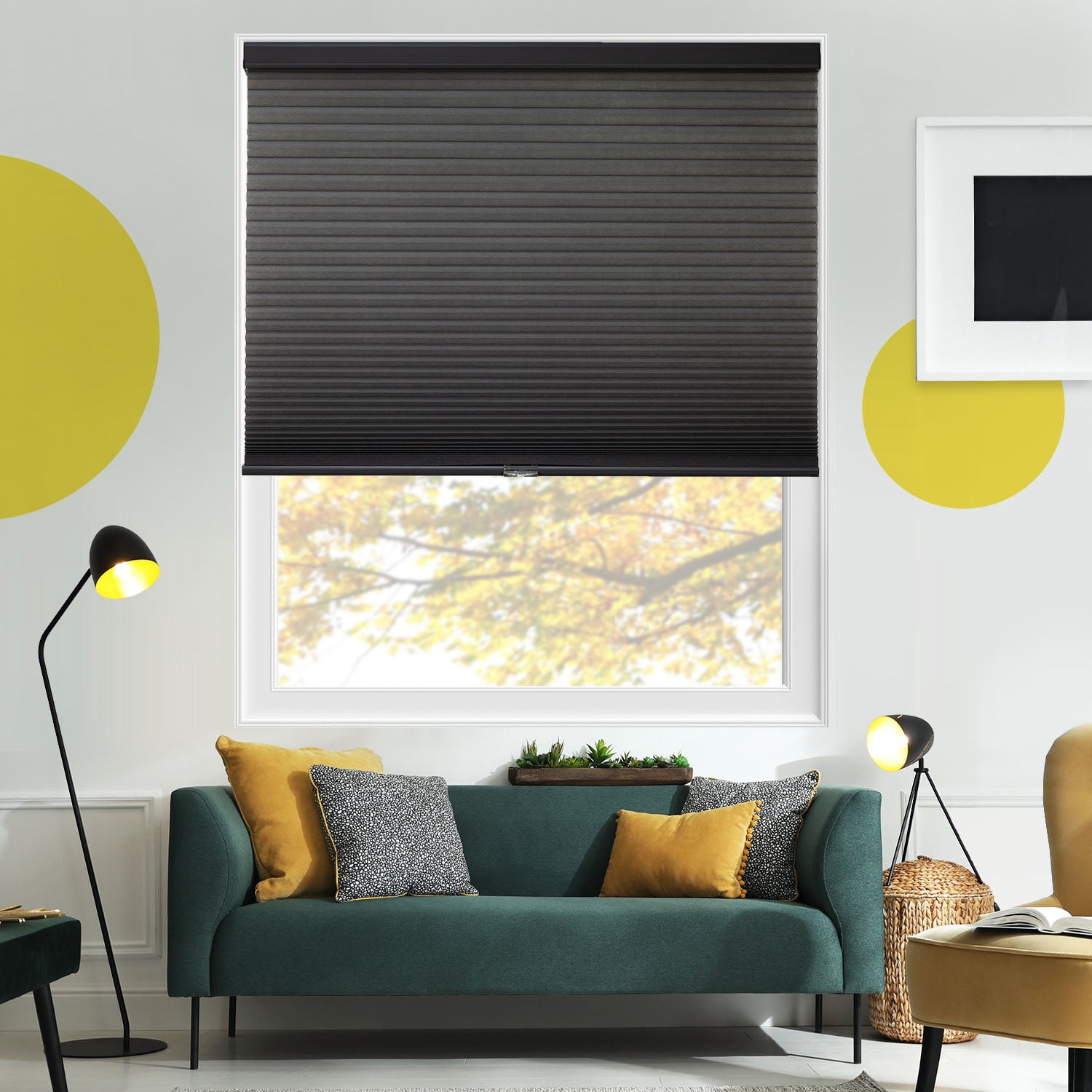 Yellow Blinds Cordless Light Filtering Honeycomb Cellular Shade Skyline Fog - 63.75"W X 64"H