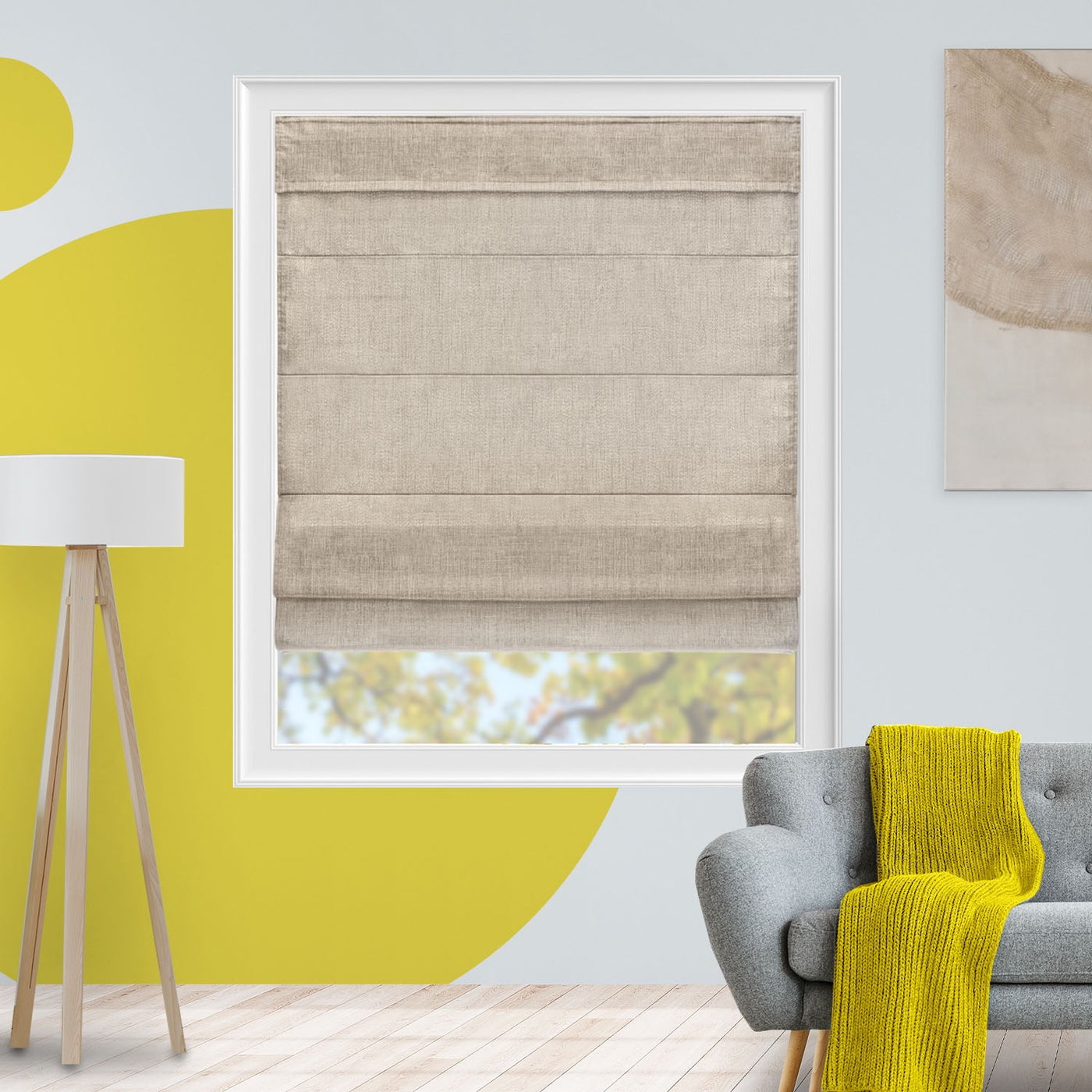 Yellow Blinds Cordless Light Filtering Roman Shade, Belgian Flax - 30"W X 64"H