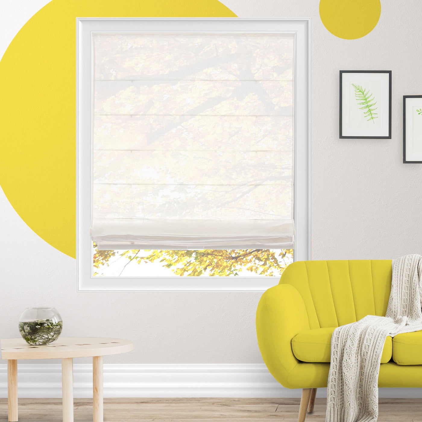Yellow Blinds Cordless Sheer Roman Shade, Pacific White - 33"W X 64"H