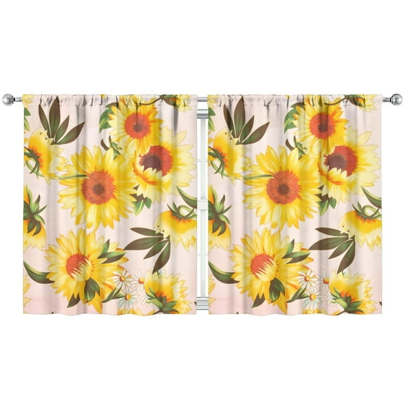 Yellow Bloom Sunflower Print Curtains - Set of 2 Semi-Sheer Boho Floral Rod Pocket Caf Curtains