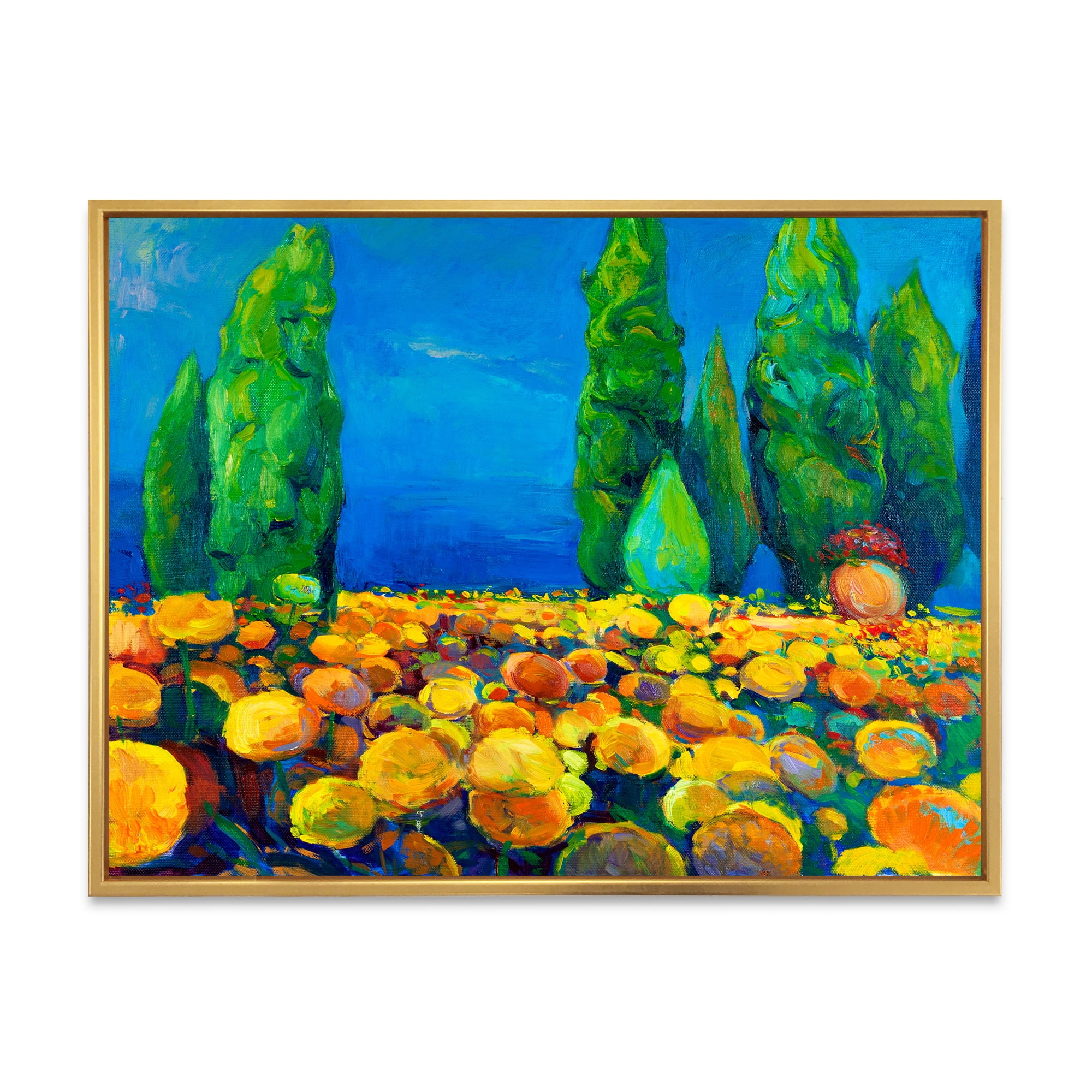 Yellow Blossoming Flowers Landscape With Green Trees 20 in x 12 in Framed Painting Canvas Art Print, by Designart