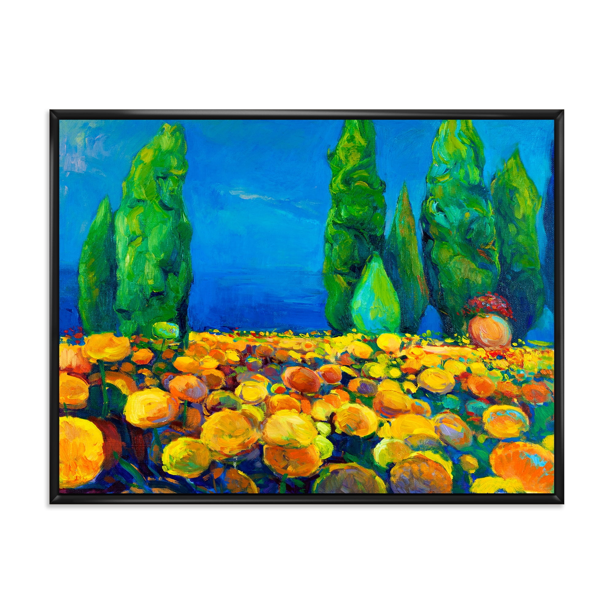 Yellow Blossoming Flowers Landscape With Green Trees 32 in x 16 in Framed Painting Canvas Art Print, by Designart