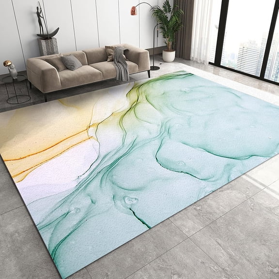 Yellow Blue Abstract Living Room Area Rug, Marble Texture Creative Lines Indoor Non-Slip Rug, Machine Washable Breathable Durable Carpet for Bedroom Bedside Porch Entryway Office 5x8ft
