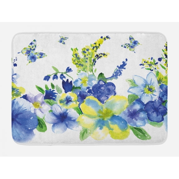 Yellow and Blue Bath Mat, Spring Flower Watercolor Flourishing Vibrant Blooms Artsy Design, Non-Slip Plush Mat Bathroom Kitchen Laundry Room Decor, 29.5 X 17.5 Inches, Lime Green Royal Blue, Ambesonne