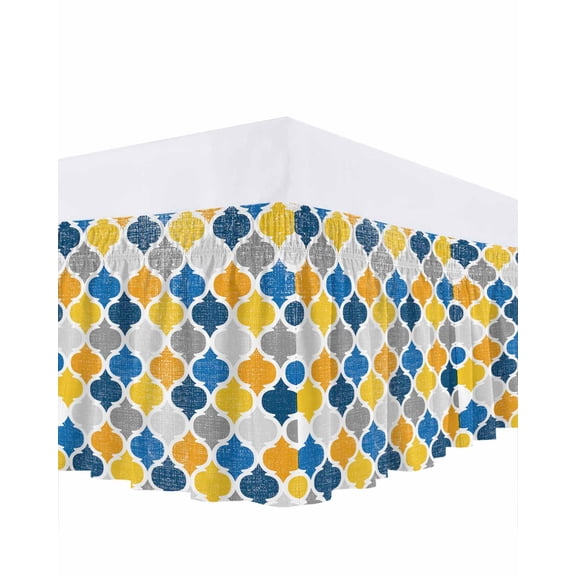 Yellow Blue Bed Skirt Queen Size 16" Drop Moroccan Trellis Retro Abstract Geometric Ruffled Wrap Around Bed Skirts Adjustable Elastic Bedskirt Dust Ruffle for Queen Size Bed