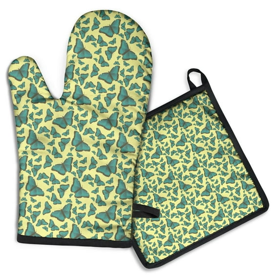 Yellow Blue Butterfly Pattern Kitchen Oven Mitt and Pot Holder Sets 4 Pcs for Baking, Cooking and Grilling, Heat Resistant Up To 392 °F