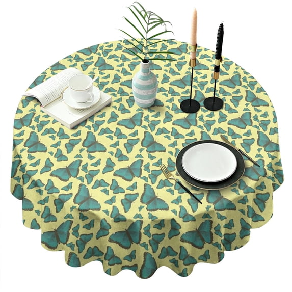 Yellow Blue Butterfly Pattern Round Tablecloth 60"x60",Wrinkle Wipeable Table Cloth for Kitchen Dining Room Picnic Patio Party