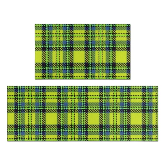 Yellow and Blue Checkered Pattern Anti Fatigue Kitchen Rugs Set Of 2, Non Slip Washable Decorative Floor Mats for Kitchen Sink Laundry, 17"x30" and 17"x47"