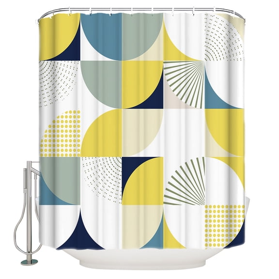 Yellow Blue Circular Shower Curtain, 36" x 72", Medieval Geometric Abstract Waterproof Bathroom Curtain Washable Shower Curtain Set with 12 Hooks