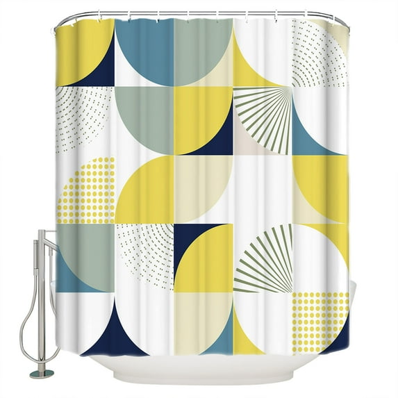 Yellow Blue Circular Shower Curtain, 66" x 72", Medieval Geometric Abstract Waterproof Bathroom Curtain Washable Shower Curtain Set with 12 Hooks