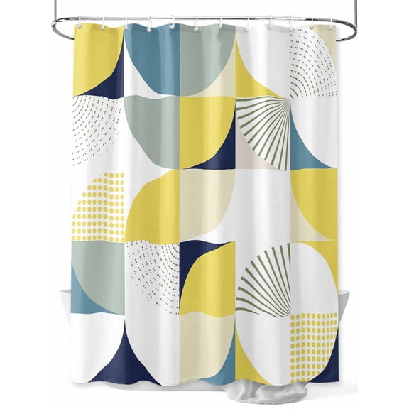 Yellow Blue Circular Shower Curtain, Medieval Geometric Abstract Waterproof Shower Curtain Set with 12 Hooks Lightweight Washable Fabric Shower Curtains for Bathroom 72x84 Inches