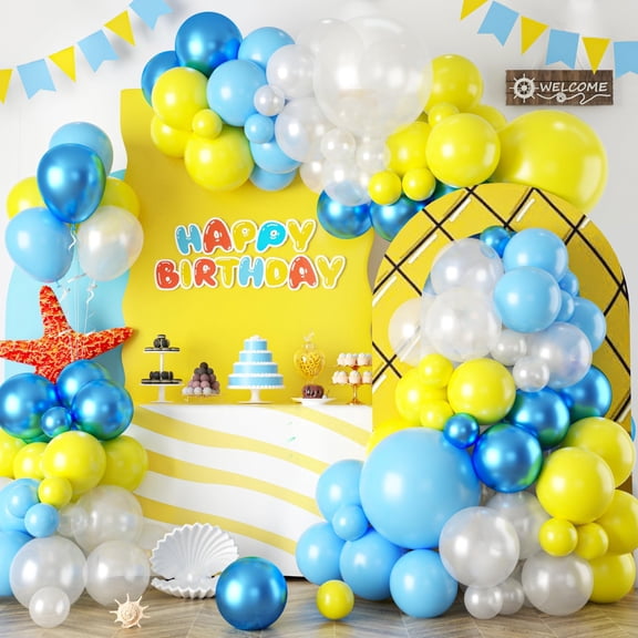 Yellow Blue Clear Balloon Arch Kit, KKS1Fun Underwater Cartoon Theme Decorations with Star Balloons for Kids Birthday Baby Shower Ocean Party Supplies