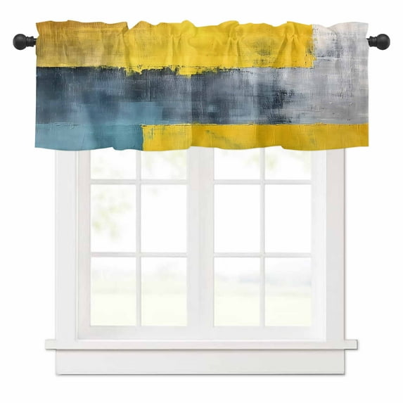 Yellow Blue Color Block Valances for Windows Modern Style Oil Painting Rod Pocket Curtain Valance Window Treatment Short Curtains for Kitchen Living Room, 42"x12"