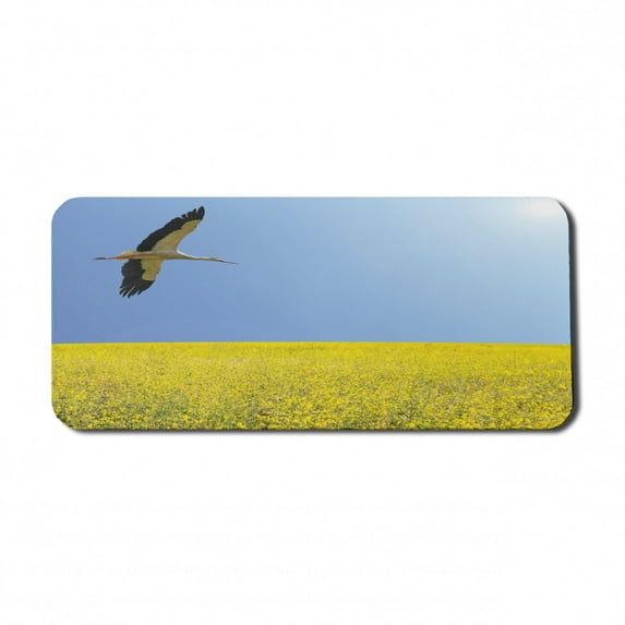 Yellow and Blue Computer Mouse Pad, Alone Stork Flying in Clear Sky over Spring Flowering Field Freedom Picture, Rectangle Non-Slip Rubber Mousepad X-Large, 35" x 15", Multicolor, by Ambesonne