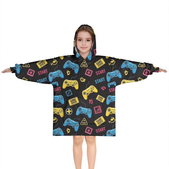 Yellow Blue Controllers Games Icons Black Pattern Blanket Hoodies for Kids 6-13YR Oversize Wearable Blanket Hoodies for Boys Girls Teens