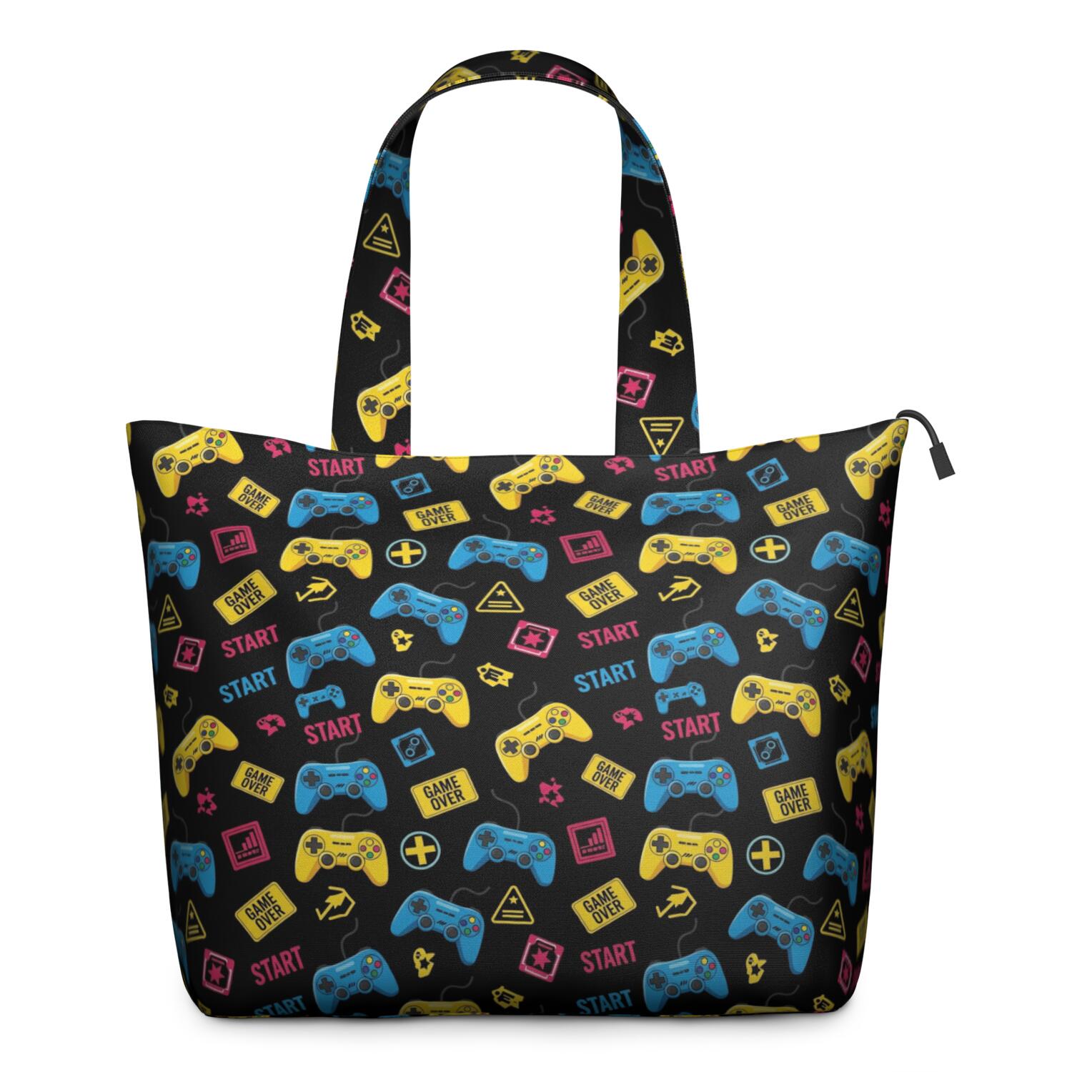 Yellow Blue Controllers Games Icons Black Pattern Travel Tote Bags for Women Carry On,Large Weekender Bags for Women Travel,Multi Functional Duffle Bag for Work,Shopping,Sports