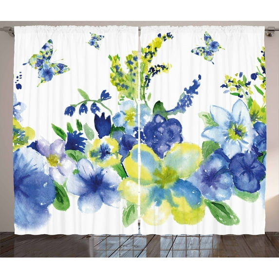 Ambesonne Yellow and Blue Curtains 2 Panel Set, Spring Blooms, 108" x 108", Lime Green Royal Blue