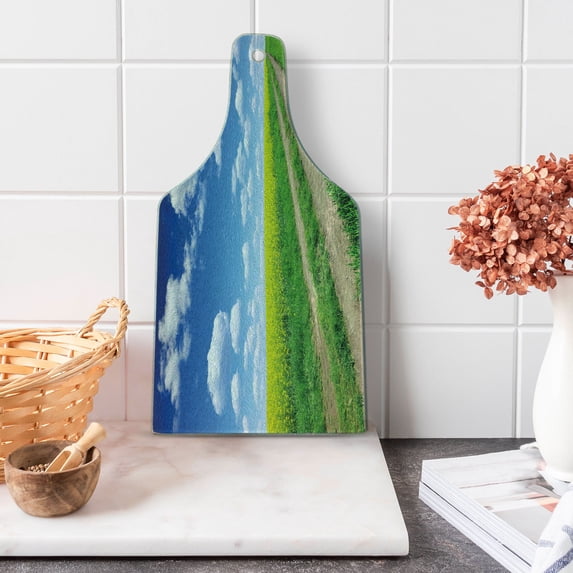 Yellow and Blue Cutting Board, Countryside Road on Field of Rapes into Nature Season Freshness, Decorative Tempered Glass Cutting and Serving Board, Wine Bottle Shape, Green Blue White, by Ambesonne