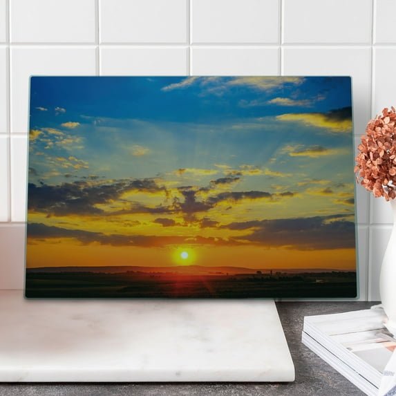 Yellow and Blue Cutting Board, Dramatic Sunset Horizon View Amongst Clouds Idyllic Weather Dreamy Scene, Decorative Tempered Glass Cutting and Serving Board, Large Size, Orange Blue, by Ambesonne