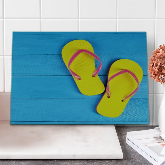 Yellow and Blue Cutting Board, Flip Flops on Wooden Pier Cheerful Holiday Travel Relax Image, Decorative Tempered Glass Cutting and Serving Board, Large Size, Sky Blue Yellow Pink, by Ambesonne