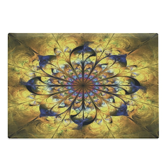 Yellow and Blue Cutting Board, Mandala with Floral Ornamental Psychedelic Fantasy Rays Pattern, Decorative Tempered Glass Cutting and Serving Board, Large Size, Multicolor, by Ambesonne