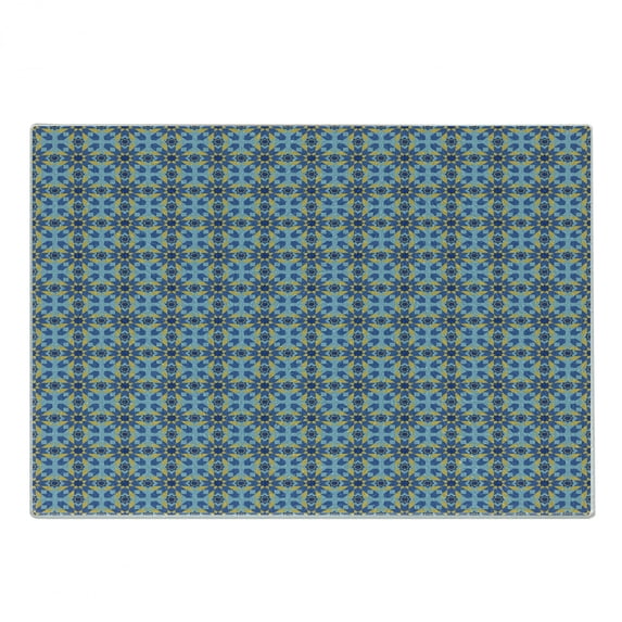Yellow and Blue Cutting Board, Middle East Pattern Medieval Moroccan Stars with Squares, Decorative Tempered Glass Cutting and Serving Board, Small Size, Violet Blue Pale Blue, by Ambesonne