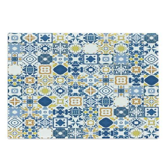 Yellow and Blue Cutting Board, Mosaic Portuguese Azulejo Mediterranean Effect, Decorative Tempered Glass Cutting and Serving Board, Large Size, Violet Blue Mustard, by Ambesonne