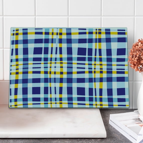 Yellow and Blue Cutting Board, Retro Scottish Checkered Tartan with Color Stripes Lines Pattern, Decorative Tempered Glass Cutting and Serving Board, Large Size, Pale Violet Blue, by Ambesonne