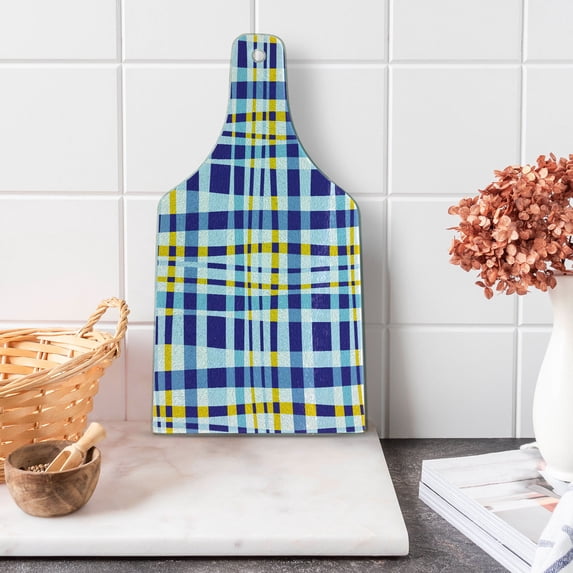 Yellow and Blue Cutting Board, Retro Scottish Checkered Tartan with Color Stripes Lines Pattern, Decorative Tempered Glass Cutting and Serving Board, Wine Bottle Shape, Pale Violet Blue, by Ambesonne