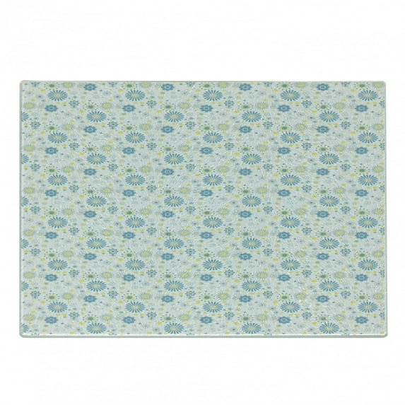 Yellow and Blue Cutting Board, Spring Nature Inspired Pattern Flower Scrapbook Style, Decorative Tempered Glass Cutting and Serving Board, Small Size, Blue Yellow Pale Grey, by Ambesonne