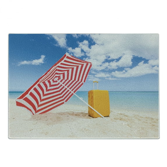 Yellow and Blue Cutting Board, Windy Sandy Beach with Sunshade and Trolley Summer Holiday Relax Picture, Decorative Tempered Glass Cutting and Serving Board, Small Size, Multicolor, by Ambesonne