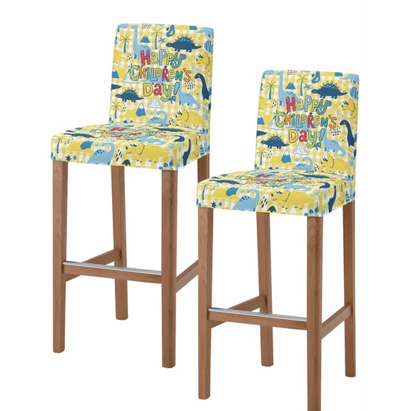 Yellow Blue Dinosaur Bar Stool Covers Set of 2, Palm Trees Mountains Checkered Stretch Washable Bar Chair Covers with Backs, Removable Pub Counter Height Chair Cover for Kitchen Dining Room Cafe