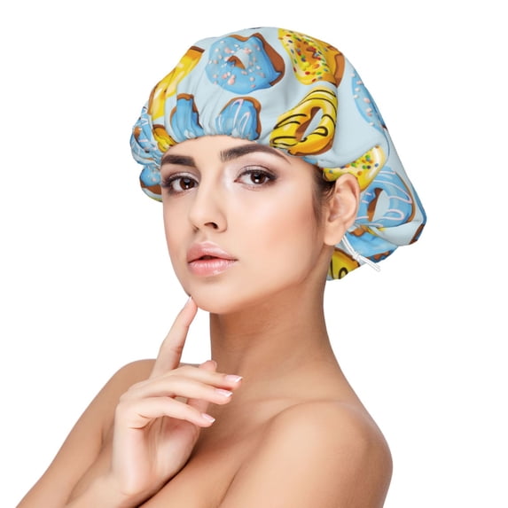 Yellow Blue Donut Print Silk Bonnet for Sleeping Women Men, Adjustable Elastic Satin Bonnet Bonnet for Sleeping, Soft Cute Similar Silk Curly Hair Bonnet for Sleeping