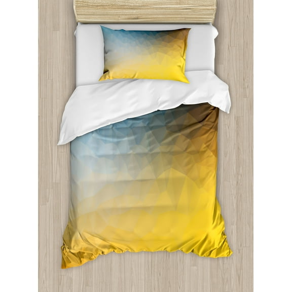 Yellow and Blue Duvet Cover Set, Abstract Polygon Style Fractal Gradient Geometric Background Art, Decorative 2 Piece Bedding Set with 1 Pillow Shams, Twin Size, Slate Blue Marigold, by Ambesonne