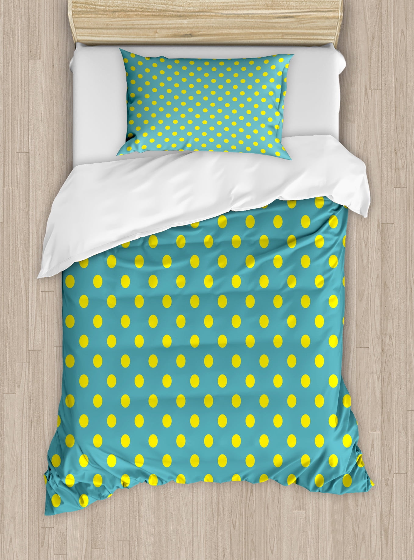 Teal and Yellow Polka Dot Twin Duvet Cover Set