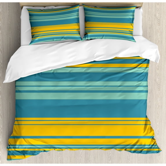 Yellow and Blue Duvet Cover Set, Horizontal Abstract Color Stripes Lines Simplistic Modern Art Print, Decorative 3 Piece Bedding Set with 2 Pillow Shams, King Size, Teal Turquoise, by Ambesonne