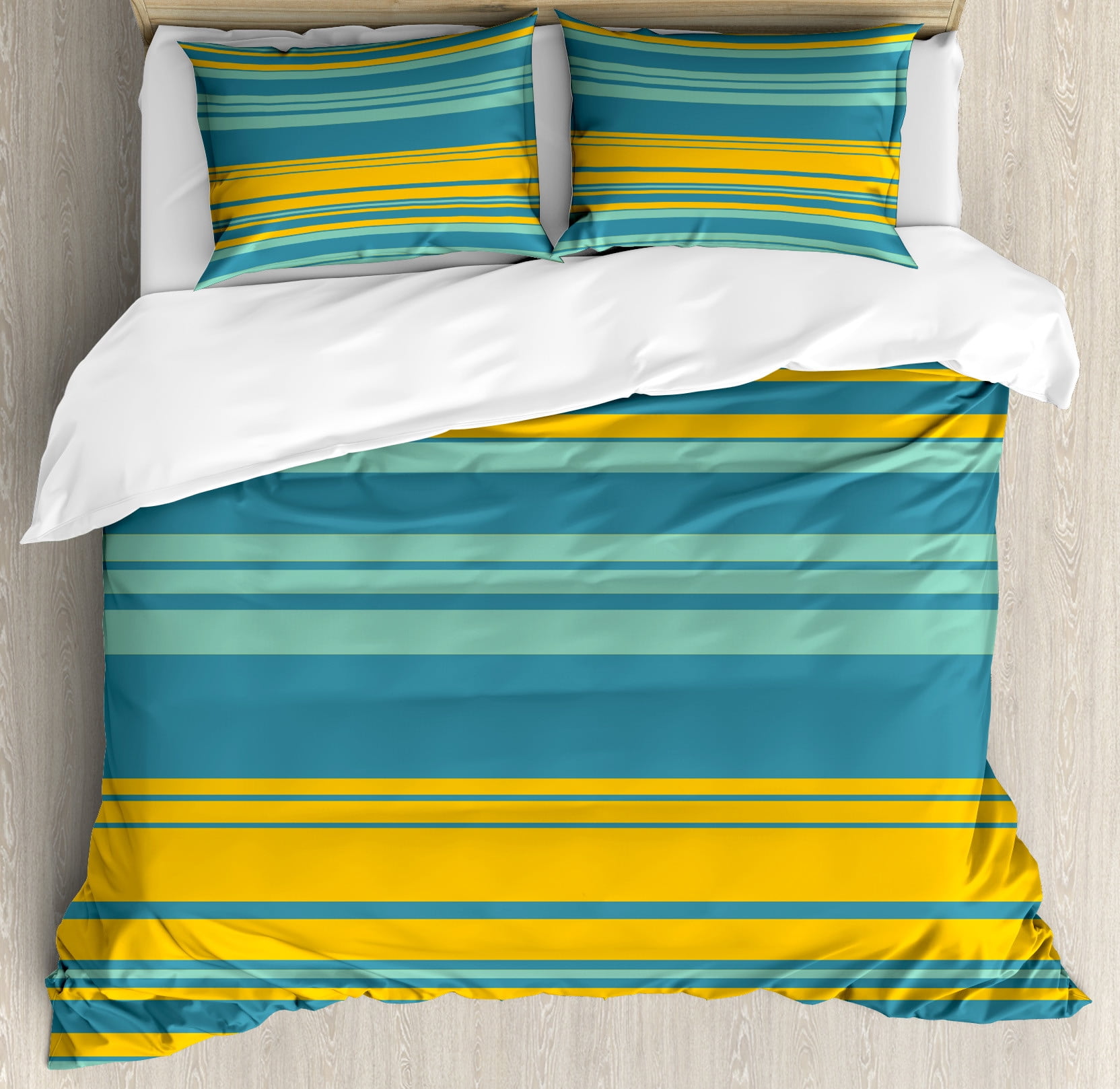 Teal and Yellow Striped Queen Duvet Cover Set