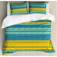 thumbnail image 1 of Yellow and Blue Duvet Cover Set, Horizontal Abstract Color Stripes Lines Simplistic Modern Art Print, Decorative 3 Piece Bedding Set with 2 Pillow Shams, Queen Size, Teal Turquoise, by Ambesonne, 1 of 3
