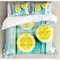 thumbnail image 1 of Yellow and Blue Duvet Cover Set, Juicy Lemon Slices on Old Wooden Planks Porch Summer Refreshing Image, Decorative 3 Piece Bedding Set with 2 Pillow Shams, Queen Size, Yellow Sky Blue, by Ambesonne, 1 of 3