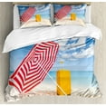 thumbnail image 1 of Yellow and Blue Duvet Cover Set King Size, Windy Sandy Beach with Sunshade and Trolley Summer Holiday Relax Picture, Decorative 3 Piece Bedding Set with 2 Pillow Shams, Multicolor, by Ambesonne, 1 of 3