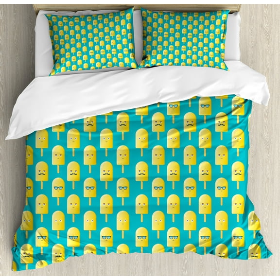 Yellow and Blue Duvet Cover Set, Lemon Flavor Ice Cream with Face Glasses and Mustache Fun Humor Graphic, Decorative 3 Piece Bedding Set with 2 Pillow Shams, Calking Size, Teal Yellow, by Ambesonne
